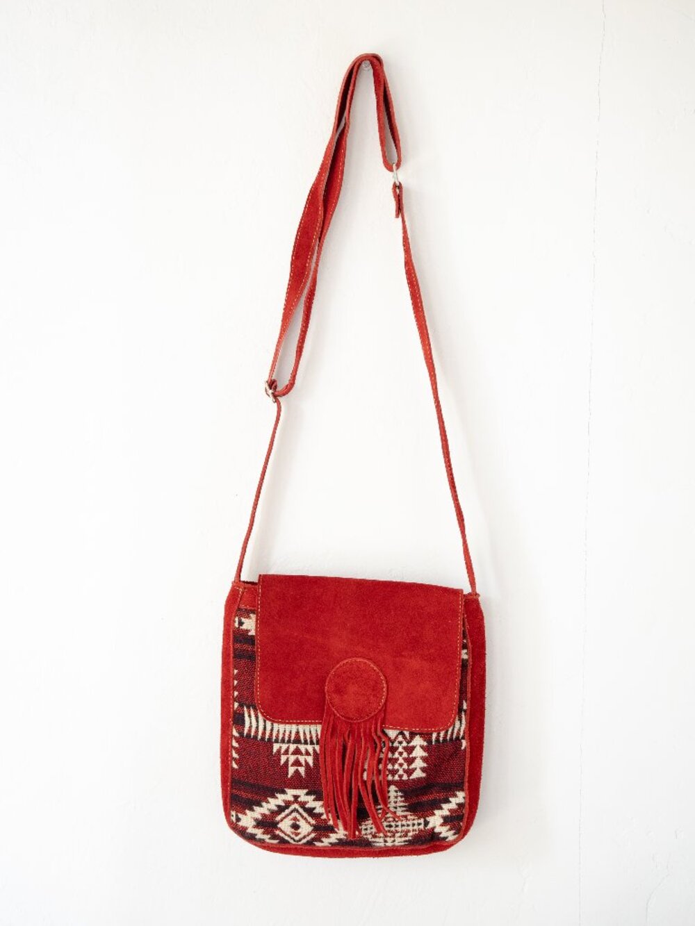 Red Suede Crossbody Bag Southwestern Aztec Print Fringe Boho Shoulder Purse